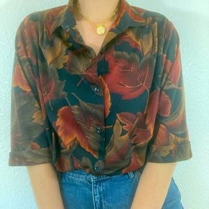 Vintage Leaf Print Fall Relaxed Button Down